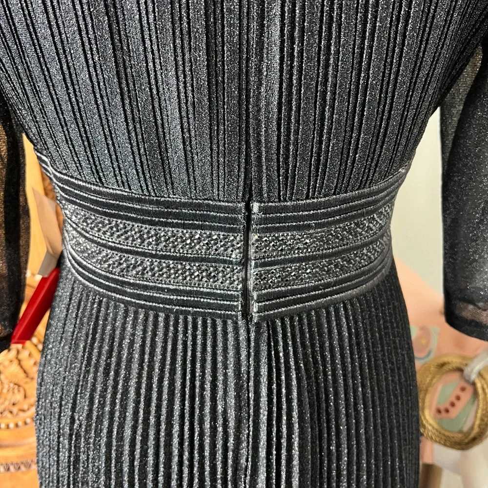 NWT Mac Duggal 30750 Size 6 Black Shimmering 3/4 Sleeve A-line Midi Dress - Picture 10 of 15